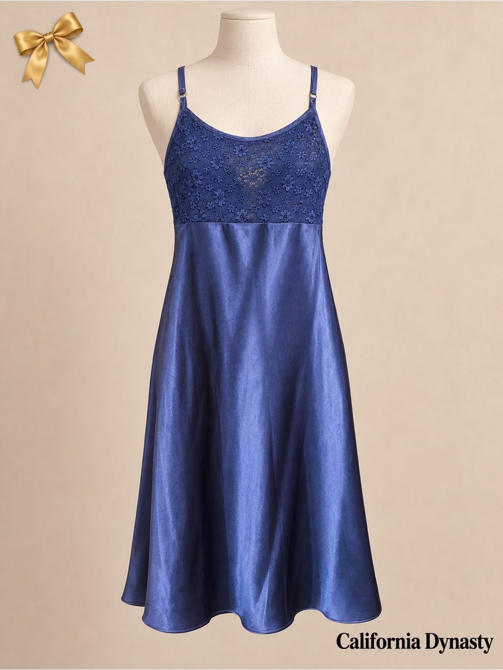 California Dynasty Navy Satin Floral Lace Chemise Nightgown Sz Small/XS